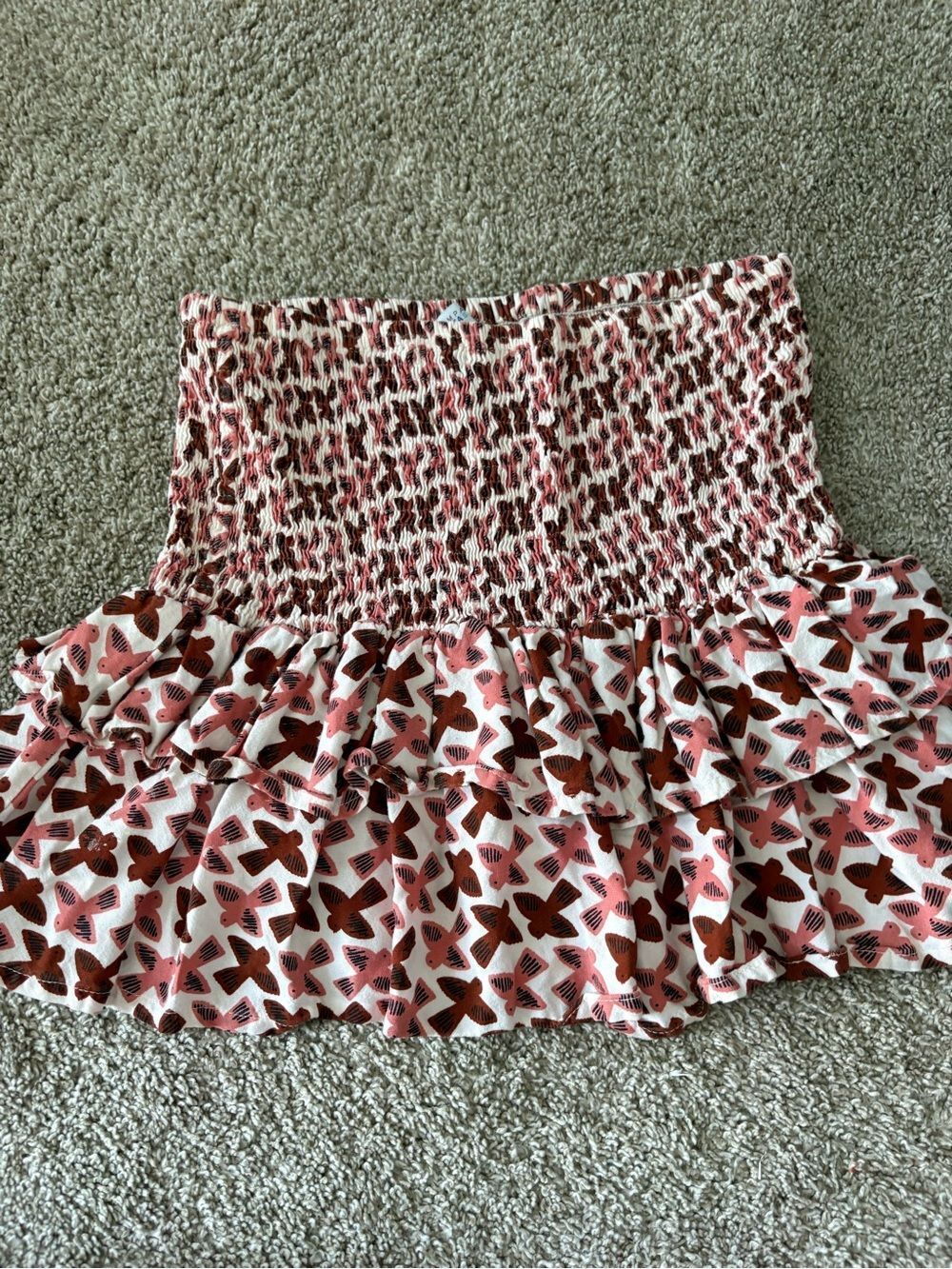 COMPANIA FANTASTICA birds print smocked mini skirt in pink pale Med